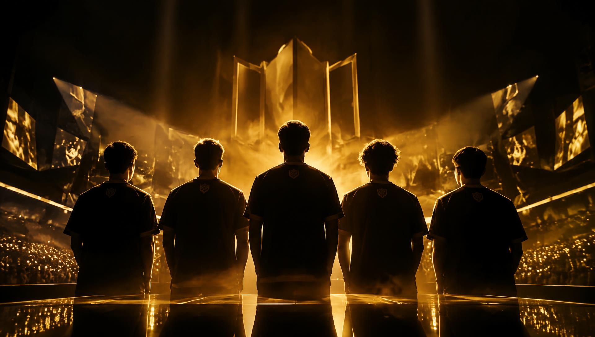Pannonia Esports players on a gold-lit tournament stage